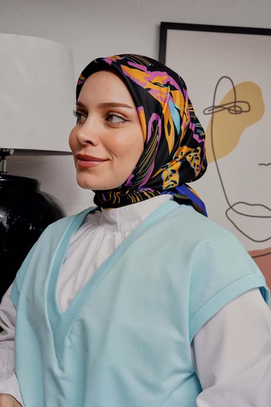Afvente Yaprak Desen Lacivert Soft Pamuk Eşarp - 2