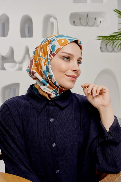 Afvente Yaprak Desen SArı Soft Pamuk Eşarp - 5