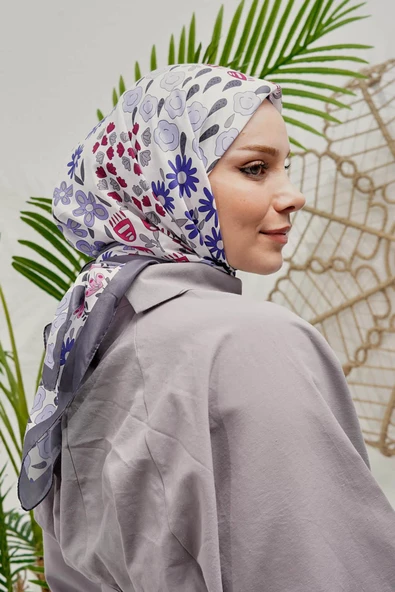 Afvente Çiçek Desen Koyu Gri Soft Pamuk Eşarp - 4