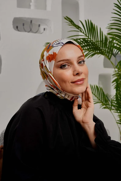 Afvente Yaprak Desen Sarı Soft Pamuk Eşarp