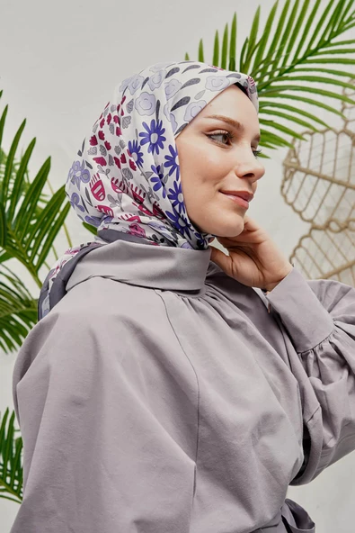 Afvente Çiçek Desen Koyu Gri Soft Pamuk Eşarp - 3