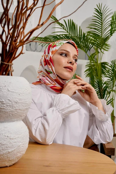 Afvente Yaprak Desen Kırmızı Soft Pamuk Eşarp - 2