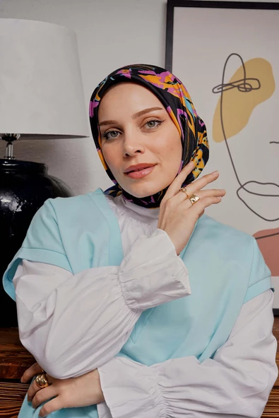 Afvente Yaprak Desen Lacivert Soft Pamuk Eşarp - 4