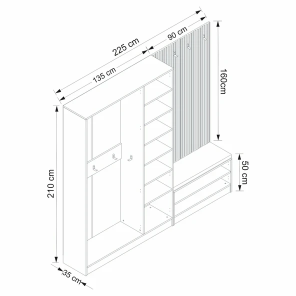 Minar Kale Dekor Panel 3 Kpk 1 Bölme Raf Port + Ayakkabılık Minderli Byz Dore Plus - 8