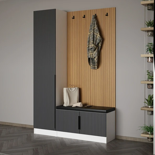 Minar Kale Dekor Panel 1 Kpk 1 Bölme Raf Port + Ayakkabılık Minderli Byz Mbrn Çizgili Antr - Resim 3