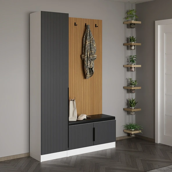 Minar Kale Dekor Panel 1 Kpk 1 Bölme Raf Port + Ayakkabılık Minderli Byz Mbrn Çizgili Antr - Resim 2