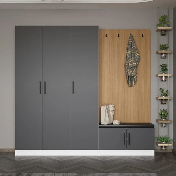 Minar Kale Dekor Panel 3 Kpk 1 Bölme Raf Port + Ayakkabılık Minderli Byz Antr