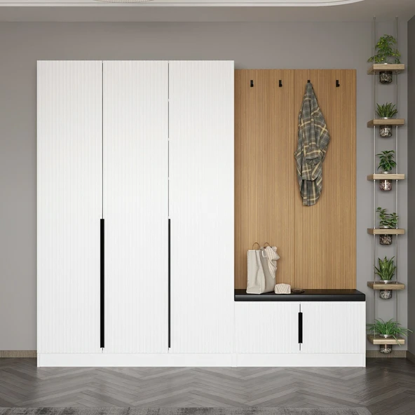 Minar Kale Dekor Panel 3 Kpk 1 Bölme Raf Port + Ayakkabılık Minderli Byz Mbrn Çizgili Byz