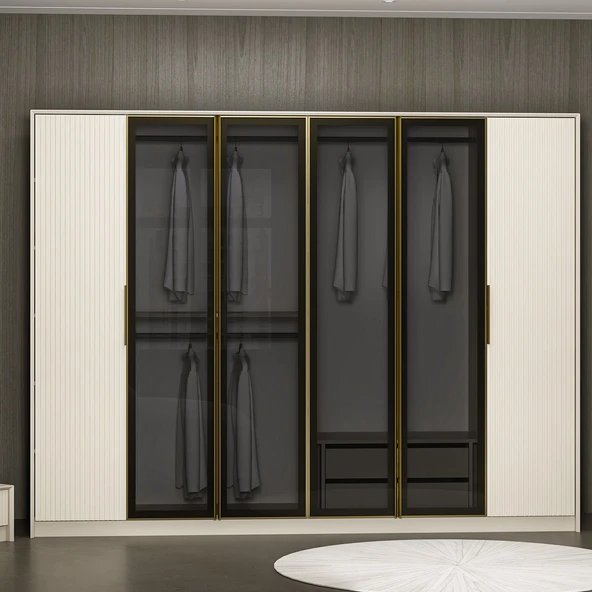 Minar Kale Luxe Soft 6 Kapaklı Mebran+Cam Dolap-Kumtaşı