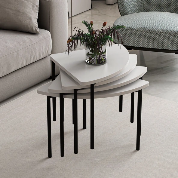 Minar Emma Zigonlu Orta Sehpa Takım-Beyaz Beyaz - Resim 8