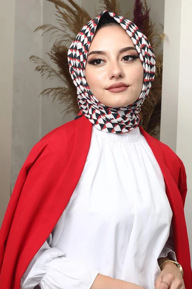 Afvente Geometrik Desen Kırmızı Soft Pamuk Eşarp - 2
