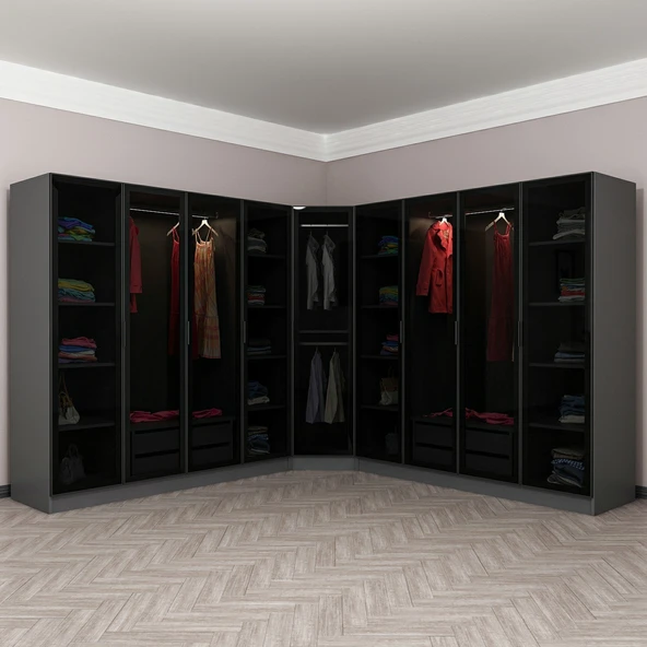 Minar Kale 190 9 Füme Cam Kapaklı 4Ç Köşe Dolap Antrasit Füme Cam - Resim 3