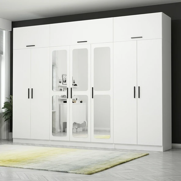 Minar Kale 7 Kapak 3 Aynalı 2 Çek Dolap & Yüklük Beyaz - Resim 2