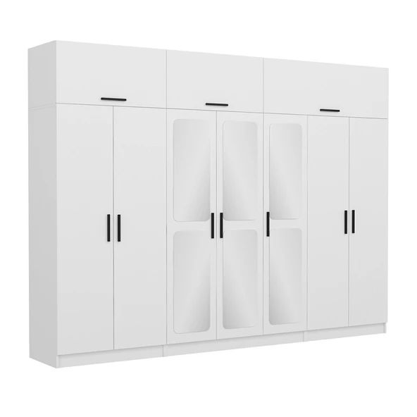 Minar Kale 7 Kapak 3 Aynalı 2 Çek Dolap & Yüklük Beyaz - Resim 3