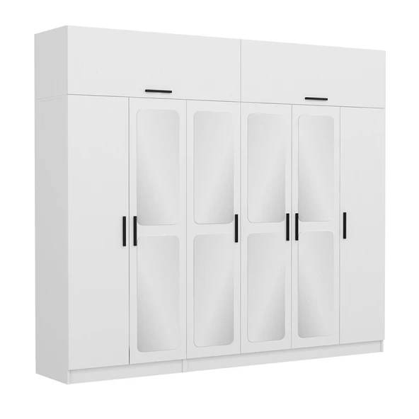 Minar Kale 6 Kapak 4 Aynalı 2 Çek Dolap & Yüklük Beyaz - Resim 3