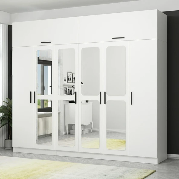 Minar Kale 6 Kapak 4 Aynalı 2 Çek Dolap & Yüklük Beyaz - Resim 2