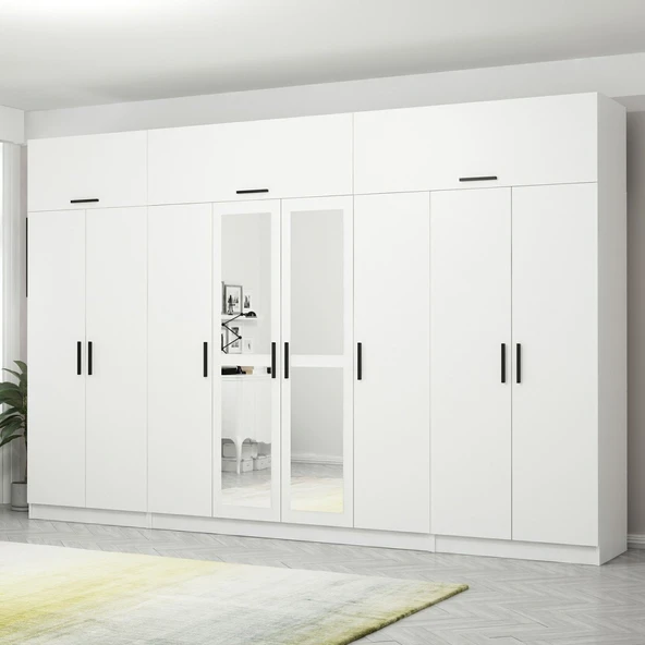 Minar Kale 8 Kapak 2 Aynalı 2 Çek Dolap & Yüklük Beyaz