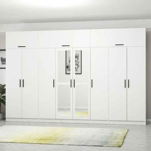 Minar Kale 8 Kapak 2 Aynalı 2 Çek Dolap & Yüklük Beyaz - Resim 3