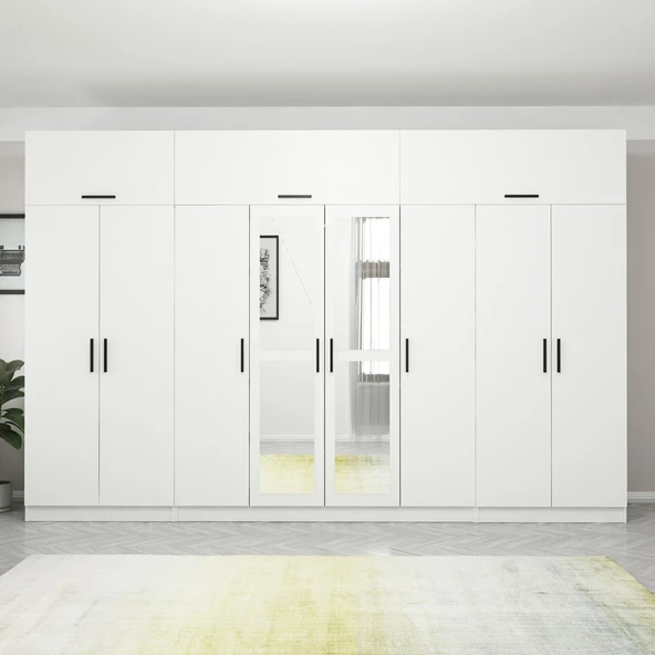 Minar Kale 8 Kapak 2 Aynalı 2 Çek Dolap & Yüklük Beyaz - Resim 2