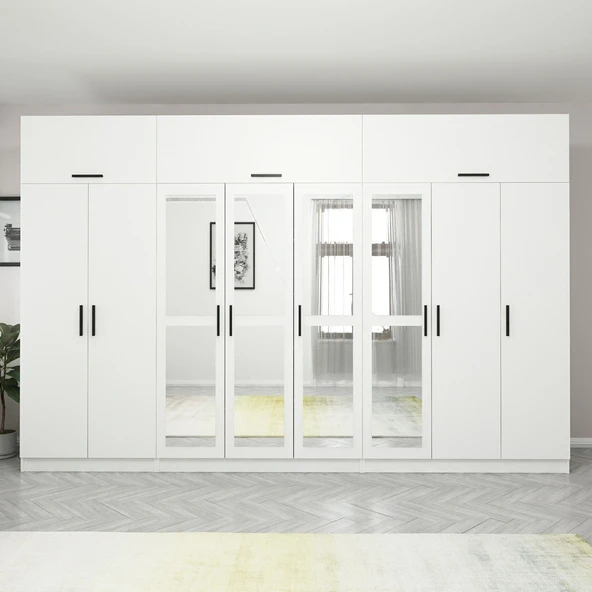 Minar Kale 8 Kapak 4 Aynalı 4 Çek Dolap & Yüklük Beyaz - Resim 2