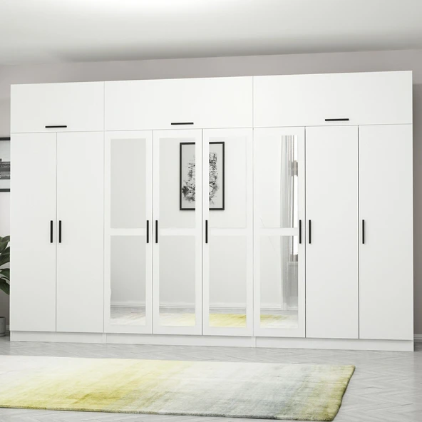 Minar Kale 8 Kapak 4 Aynalı 4 Çek Dolap & Yüklük Beyaz - Resim 3