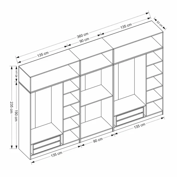 Minar Kale 8 Kapak 2 Aynalı 4 Çek Dolap & Yüklük Beyaz - Resim 8