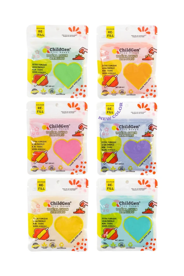 ChildGen Doğal Oyun Hamuru - 6'lı PASTEL Set 6x125 Gr Vakumlu Kartuş Paket - (ecopack-refill) ürün görseli