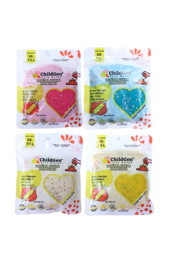 ChildGen Doğal Oyun Hamuru - 4lü Glitter Set 4x125 Gr Vakumlu Kartuş Paket - (ecopack-refill)