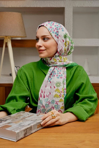 Afvente Çiçek Desen Yeşil Soft Pamuk Şal - 2