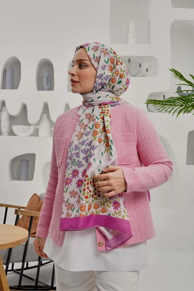 Afvente Çiçek Desen Pembe Soft Pamuk Şal - Resim 4