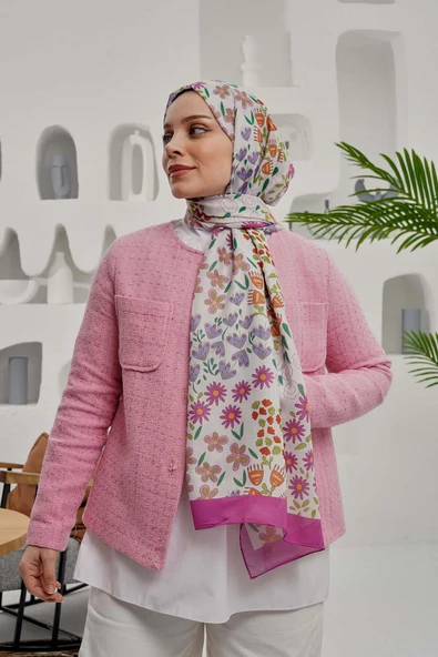 Afvente Çiçek Desen Pembe Soft Pamuk Şal - Resim 2