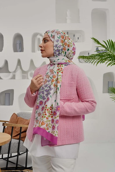 Afvente Çiçek Desen Pembe Soft Pamuk Şal - Resim 3