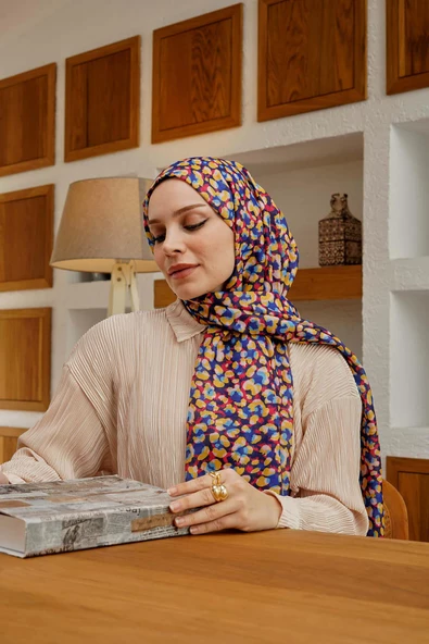 Afvente Leopar Desen Lacivert Soft Pamuk Şal - Resim 4