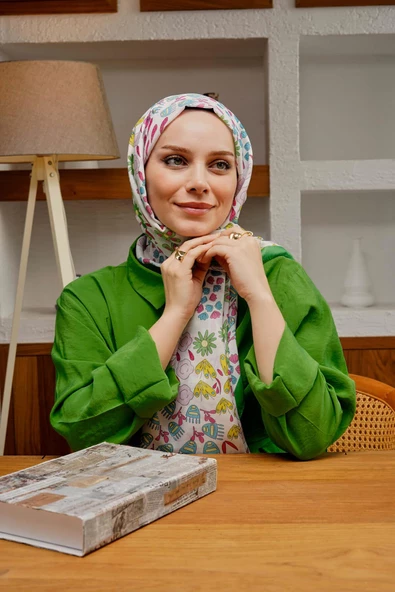 Afvente Çiçek Desen Yeşil Soft Pamuk Şal - 3