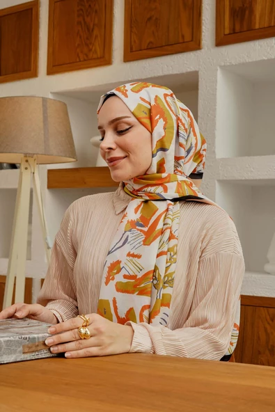 Afvente Yaprak Desen Hardal Soft Pamuk Şal - 5