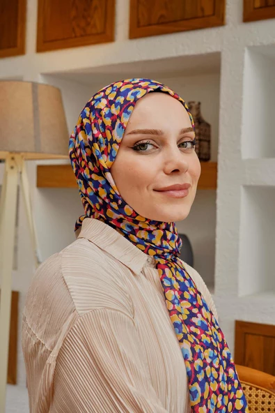 Afvente Leopar Desen Lacivert Soft Pamuk Şal - Resim 5