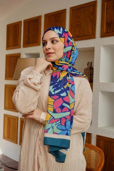 Afvente Çiçek Desen Mavi Soft Pamuk Şal ürün görseli 1