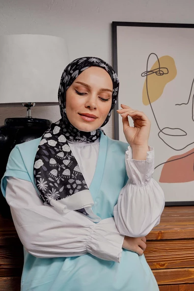 Afvente Çiçek Desen Siyah Soft Pamuk Şal - 3