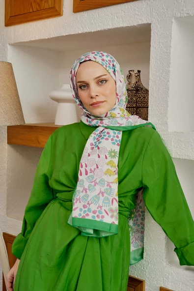Afvente Çiçek Desen Yeşil Soft Pamuk Şal - 4