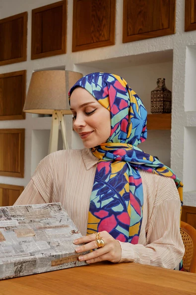 Afvente Çiçek Desen Mavi Soft Pamuk Şal - Resim 2