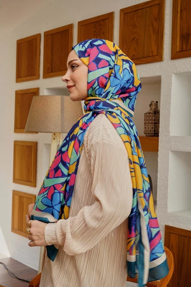 Afvente Çiçek Desen Mavi Soft Pamuk Şal - Resim 4