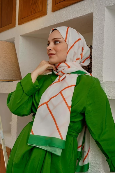 Afvente Geometrik Desen Turuncu Soft Pamuk Şal - Resim 3