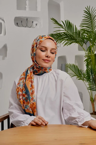 Afvente Çiçek Desen Sarı Soft Pamuk Şal - Resim 3