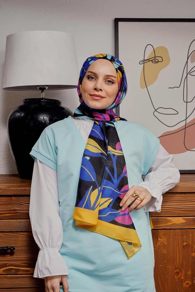 Afvente Tropikal Yaprak Desen Sarı Soft Pamuk Şal - Resim 2