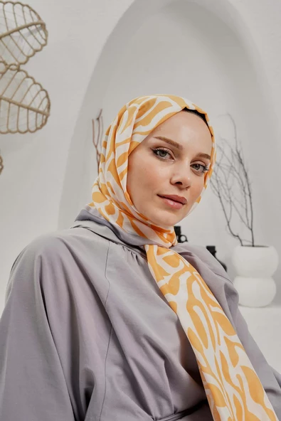 Afvente Soyut Desen Sarı Soft Pamuk Şal - Resim 4