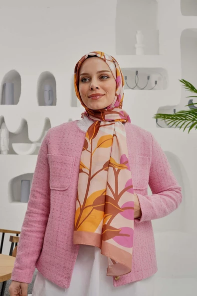 Afvente Tropikal Yaprak Desen Açık Kahverengi Soft Pamuk Şal - Resim 4