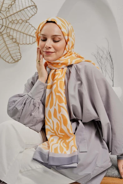Afvente Soyut Desen Sarı Soft Pamuk Şal - Resim 3
