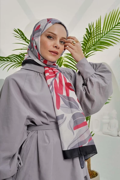 Afvente Tropikal Yaprak Desen Kırmızı Soft Pamuk Şal - 4