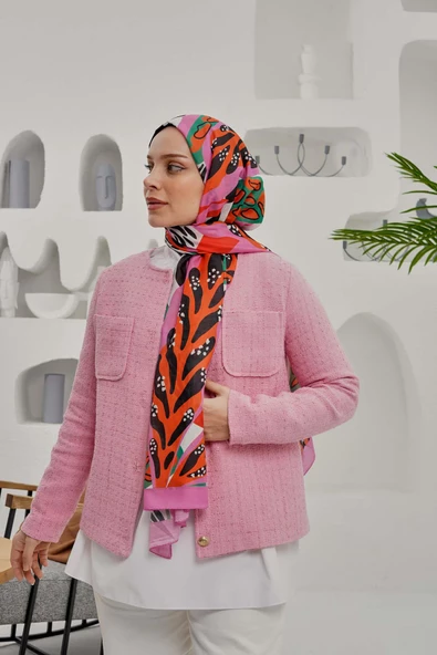 Afvente Tropikal Yaprak Desen Pembe Soft Pamuk Şal - Resim 2