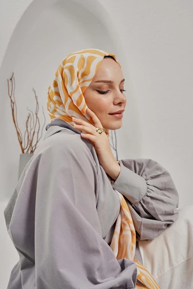 Afvente Soyut Desen Sarı Soft Pamuk Şal - Resim 2